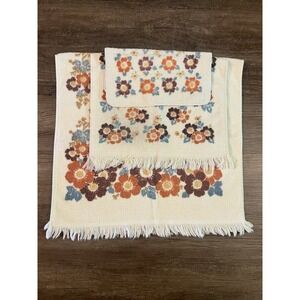 Vtg 1970s Dundee Orange Rust  Flower Power Towel, Hand Towel, & Washcloth Fringe